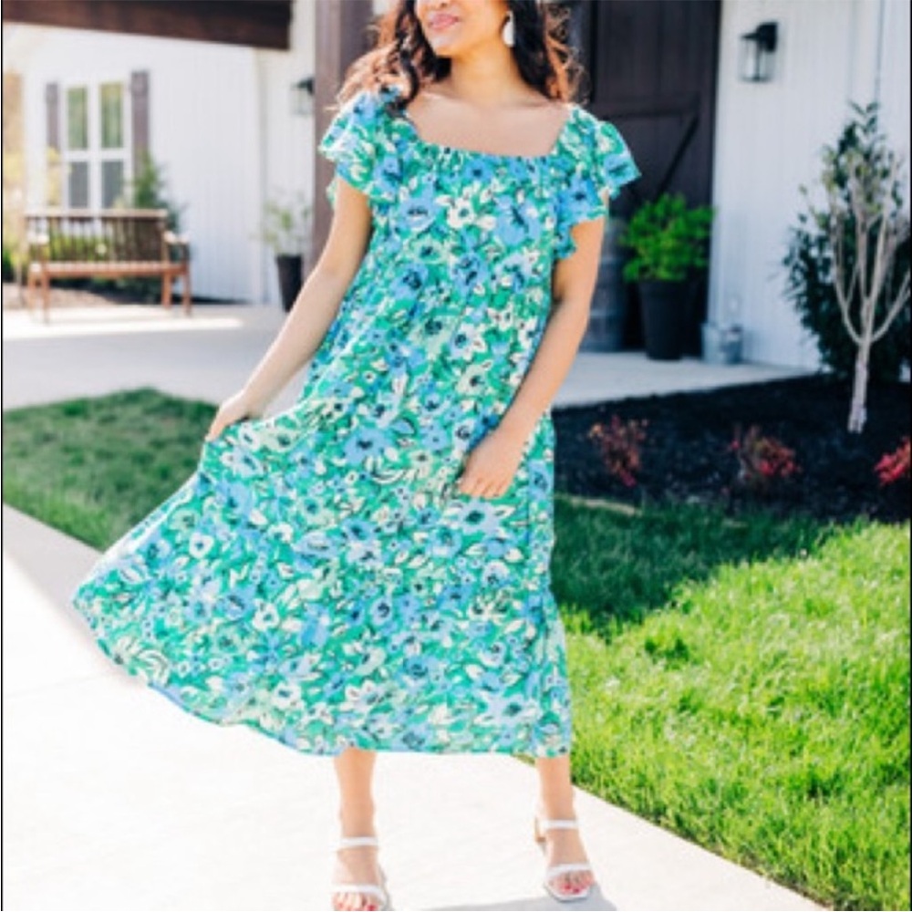 New Anthropologie By The River Floral Green & Blue Dress Size Medium